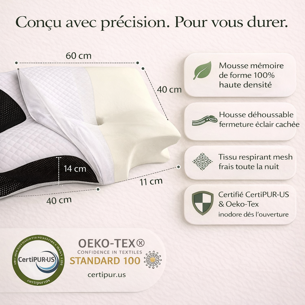 Oreiller Cervical Ergonomique — Réveillez-vous Sans Douleur